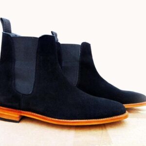 Handmade Men's Ankle High Suede Navy Blue Chelsea Boot - leathersguru