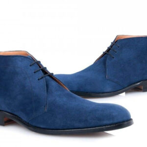 Handmade Men's Ankle High Blue Suede Chukka Lace Up Boot - leathersguru