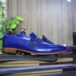 Classic Penny Loafer Handmade Pure Blue Leather Shoes, Moccasin Shoes