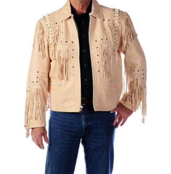 Western Men 1980' Cowboy Cream Color Fringe Jacket - leathersguru