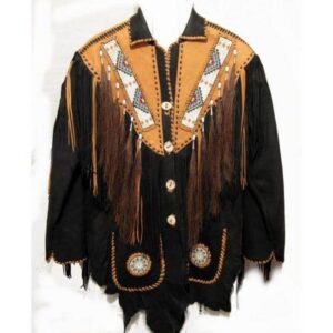 Handmade Cowboy Suede Leather Jacket, Tan Black Fringe Jacket - leathersguru