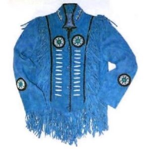 Western Suede Jacket, Men's Wear Fringes Beads Blue Color Jacket - leathersguru