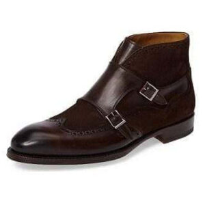 Handmade Brown Leather Suede  Wing Tip Monk Boot - leathersguru
