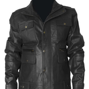 Stylish Black Flap Pocket Leather Jacket For Mens