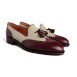 Bespoke Burgundy White Leather Suede Tussle Loafer Shoes - leathersguru