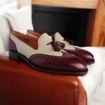 Bespoke Burgundy White Leather Suede Tussle Loafer Shoes - leathersguru