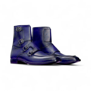 Bespoke Blue Leather Ankle Three Monk Strap Boot - leathersguru