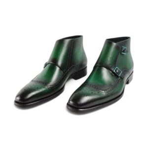 Double Buckle Green Black Ankle High Leather Monk Strap Boot - leathersguru