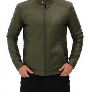 Fano Mens Olive Green Leather Biker Jacket