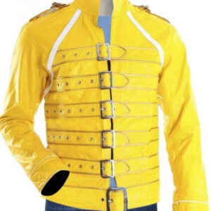 Freddie Mercury Concert Yellow Military Buckle Genuine Leather Jacket for Men's