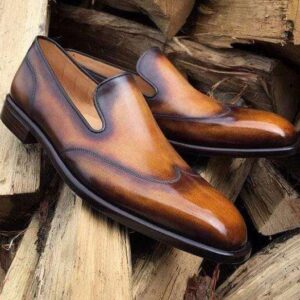 Men's Cognac Color Slip On Wing Tip Shoes - leathersguru