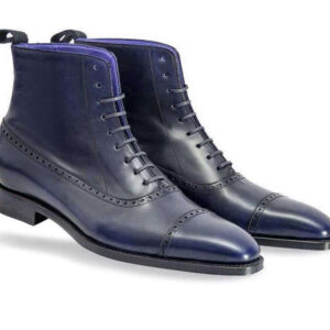 Handmade Men's Ankle High Navy Blue Leather Cap Toe Boot - leathersguru