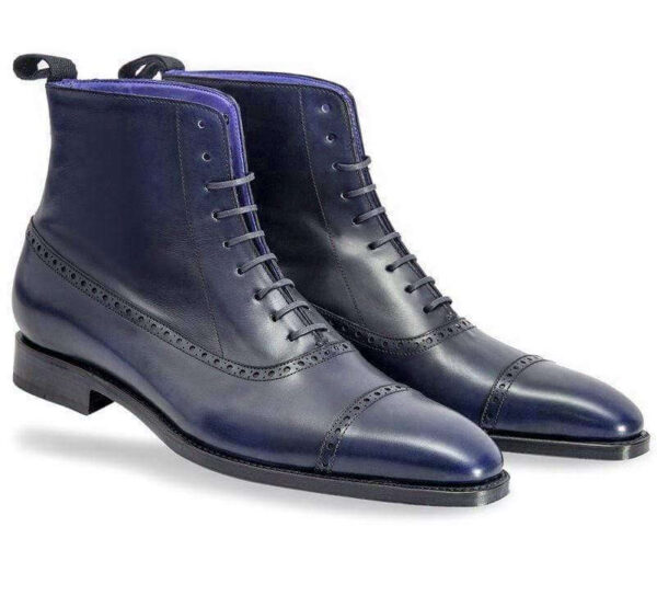 Handmade Men's Ankle High Navy Blue Leather Cap Toe Boot - leathersguru