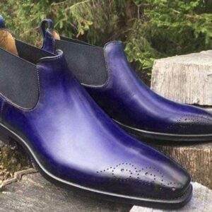 Handmade Men's Half Ankle Blue Leather Chelsea Boot - leathersguru