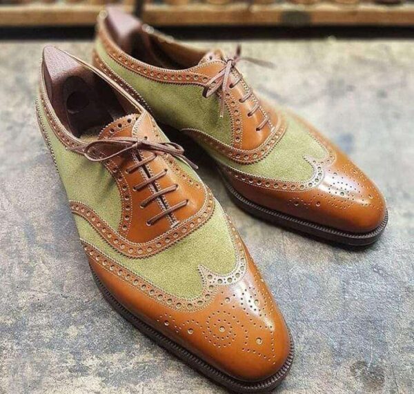 Men's Green Brown Leather Suede Wing Tip Brogue Shoes - leathersguru