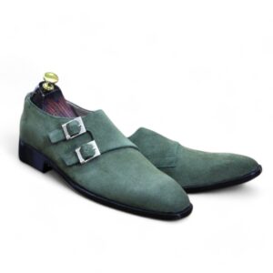 Men's Handmade Green Suede Double Monk Shoes