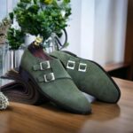 Men's Handmade Green Suede Double Monk Shoes