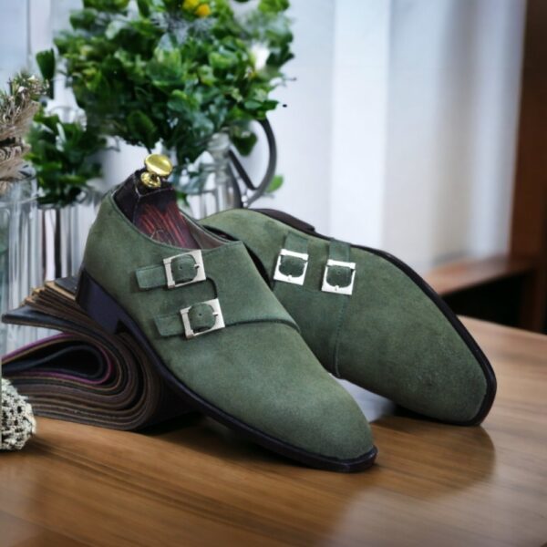 Men's Handmade Green Suede Double Monk Shoes