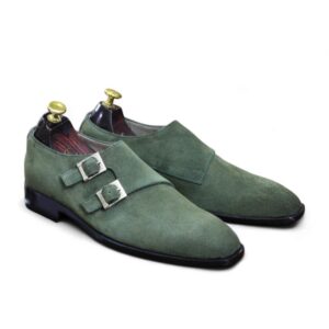 Men's Handmade Green Suede Double Monk Shoes