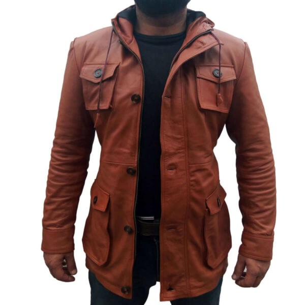 HANDMADE MEN BROWN SLIM FIT HOODIE LEATHER JACKET