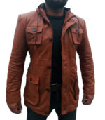 HANDMADE MEN BROWN SLIM FIT LEATHER JACKET, MEN LEATHER HOODIE