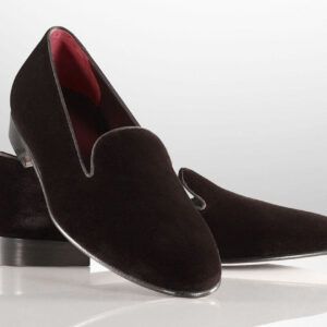 MEN BROWN VELVET LOAFER SLIPPERS WITH LEATHER SOLE, MENS VELVET SHOES