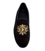 HANDMADE MEN LION EMBROIDERY BLACK HANDMADE VELVET LOAFERS SHOES