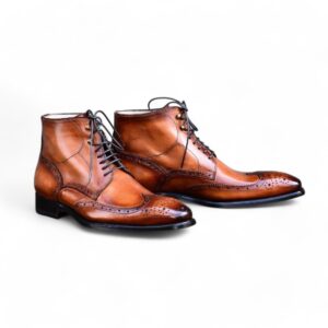 Hand Stitched Men Lace Up Ankle High Boots, Brown Brogues Designer Leather Boots