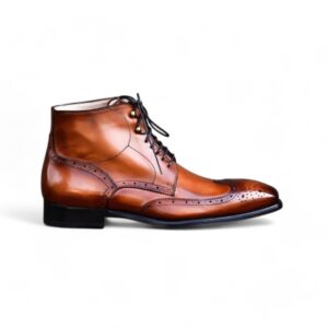 Hand Stitched Men Lace Up Ankle High Boots, Brown Brogues Designer Leather Boots