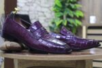 Hand Painted Purple Alligator Penny Loafer Shoes, Slip On Loafer Shoes