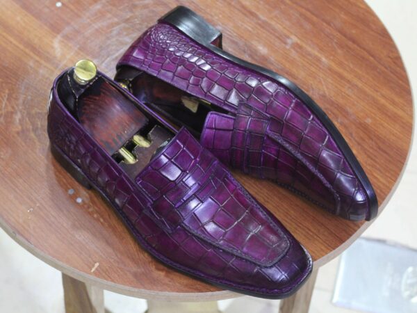 Hand Painted Purple Alligator Penny Loafer Shoes, Slip On Loafer Shoes