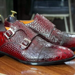 Hand Painted Red Crocodile Texture Shoes, Double Monk Style With Cap Toe Shoes