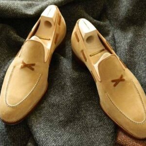 Handcrafted Suede Leather Tussle Shoes Beige Bespoke Casual Dress Tuxedo Shoes