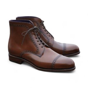 Handmade Ankle High Brown Cap Toe Lace Up Boot - leathersguru