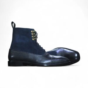 Handmade Ankle High Navy Blue Leather Suede Boot, Lace Up Boots For Men's