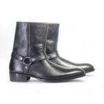 Bespoke Black Leather Mat-rid Strap High Ankle Boots - leathersguru