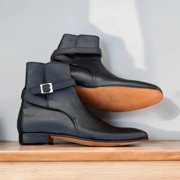 Bespoke Black Leather Half Ankle Buckle Up Boot - leathersguru