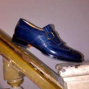 Handmade Blue Monk Strap Brogue Fringe Loafers - leathersguru