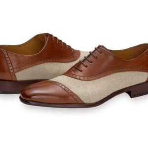 Men's Tweed Leather Cap Toe Brogue Brown Beige Shoes - leathersguru