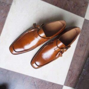 Handmade Brown Monk Strap Leather Tussles Shoes - leathersguru