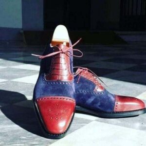 Handmade Burgundy Blue Cap Toe Leather Suede Shoe - leathersguru