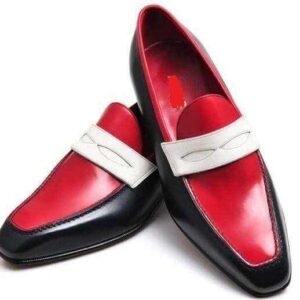 Men's Leather Red Black Slip On Moccasin Penny Loafers - leathersguru