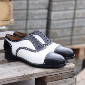 Men's Black White Leather Cap Toe Brogue Lace Up Shoe - leathersguru