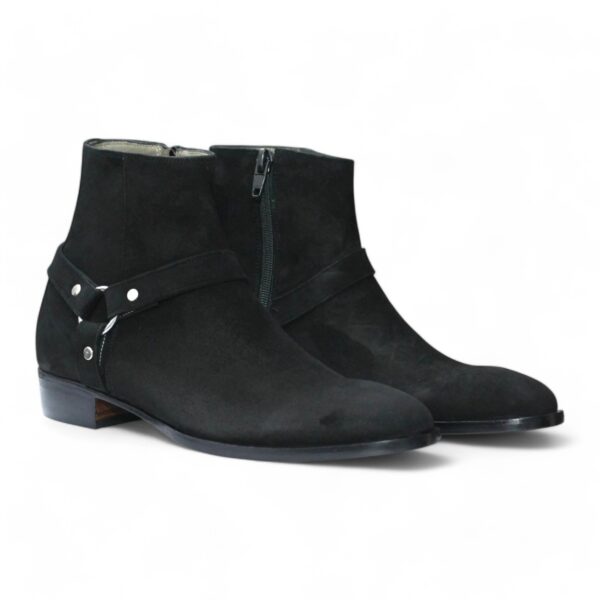 Ankle High Black Suede Madrid Strap Boot, Hand Painted Side Zipper Fashion Boot