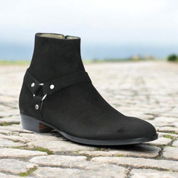 Ankle High Black Suede Madrid Strap Boot, Hand Painted Side Zipper Fashion Boot