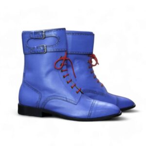 Bespoke Blue Leather Ankle Monk Strap Cap Toe Lace Up Boot - leathersguru