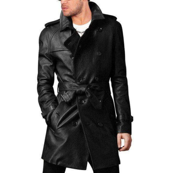 Men Leather Trench Coat Men's Belted Long Leather Coat Men's Jackets - leathersguru