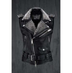 Men Belted Black Leather Vest, Men Biker Studded Jacket - leathersguru