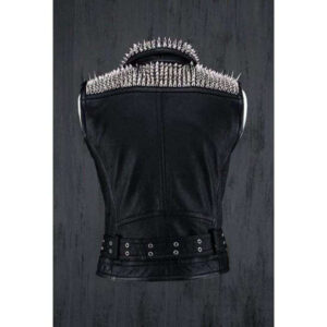 Men Belted Black Leather Vest, Men Biker Studded Jacket - leathersguru