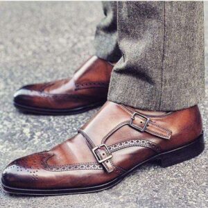 Handmade Brown Leather Wing Tip Monk Shoe - leathersguru